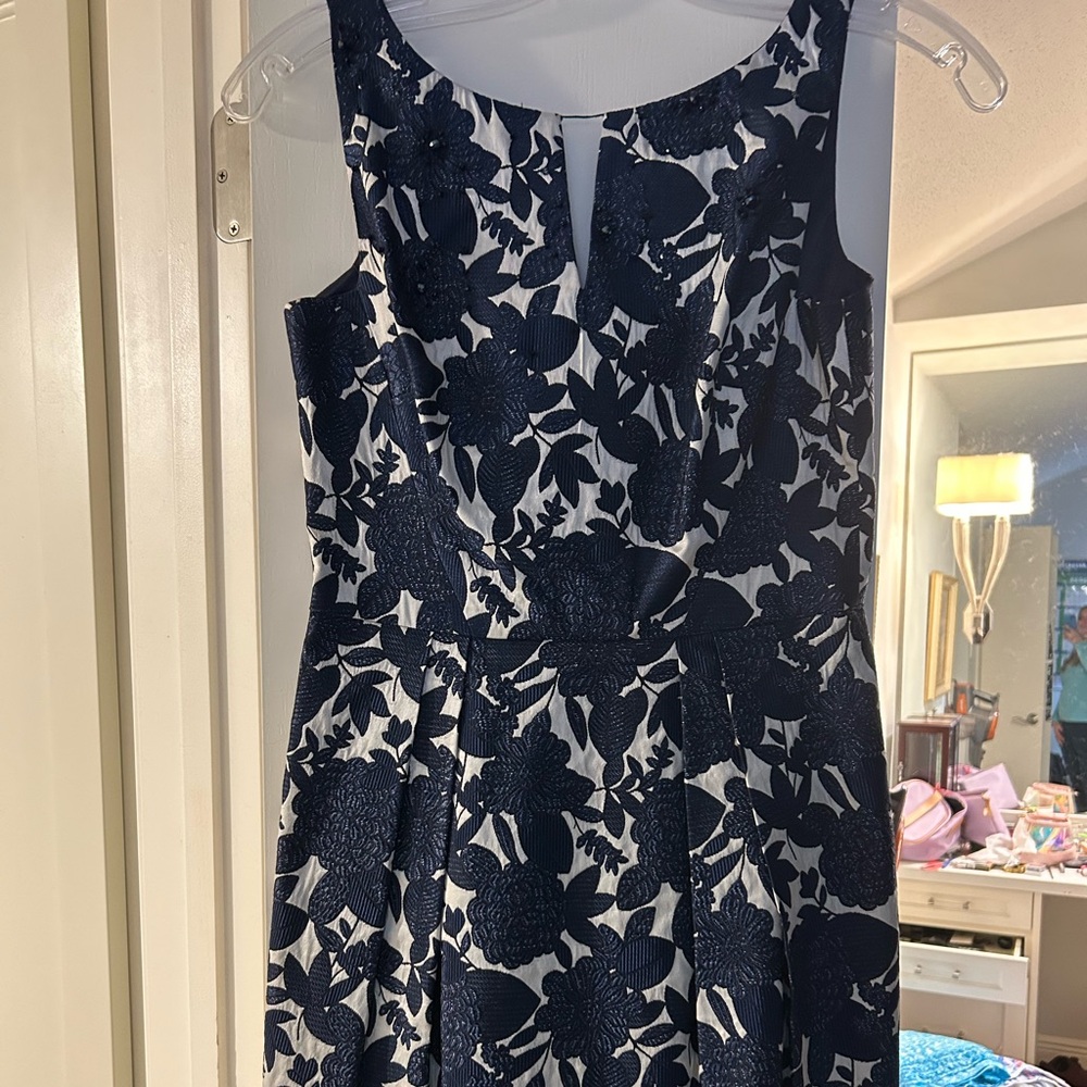 Kay Unger Navy and Cream Floral Midi Dress